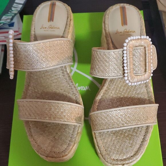 Sam Edelman Beige Wedge Sandals with Pearl Buckle - Picture 1 of 5